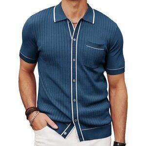 Men's Royal Blue Short Sleeve Knit Polon Vintage Button Down T-Shirts